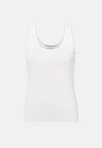 Weißes Tanktop aus geripptem Baumwollstoff. Mit einem runden Halsausschnitt und Spitzenbesatz entlang der Kanten. Einfaches, enganliegendes Design ohne zusätzliche Muster.