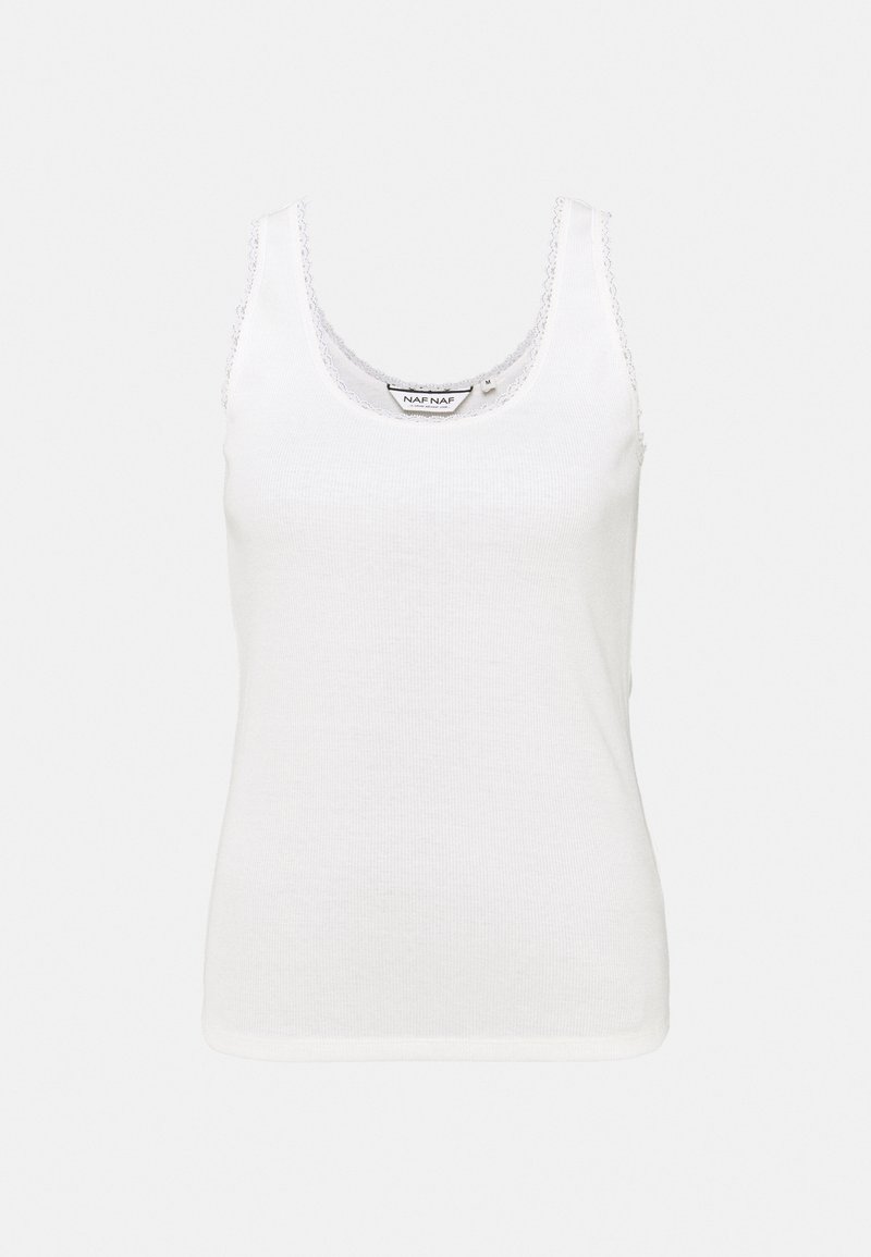 Weißes Tanktop aus geripptem Baumwollstoff. Mit einem runden Halsausschnitt und Spitzenbesatz entlang der Kanten. Einfaches, enganliegendes Design ohne zusätzliche Muster.