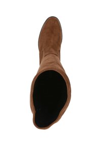 Botte en cuir suédé marron hauteur genou avec un bout arrondi et une texture douce. L'intérieur présente une doublure sombre. Pas de matériel ou d'ornements visibles.
