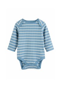 Bodysuit long à manches bleu clair avec des rayures horizontales blanches, texture côtelée et boutons-pression en bas pour un habillage facile.