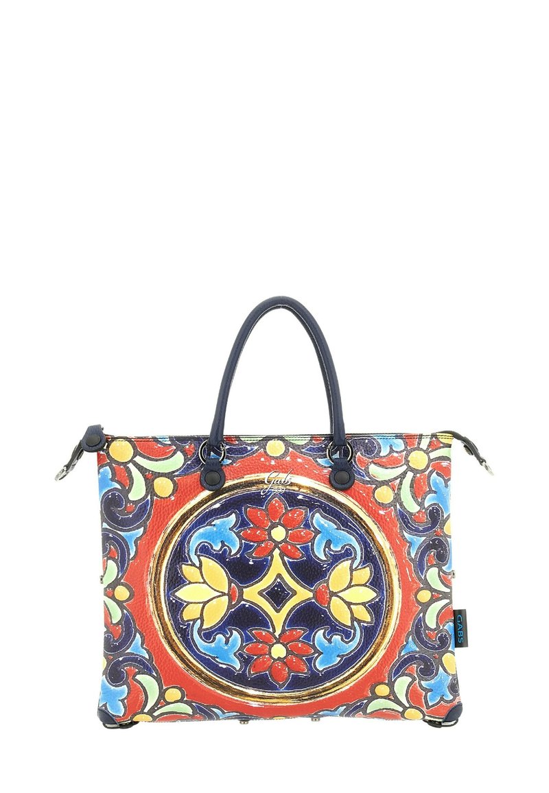 Borsa stampata con motivi floreali multicolori su sfondo rosso, dotata di manici neri e chiusura con zip. Finitura testurizzata.