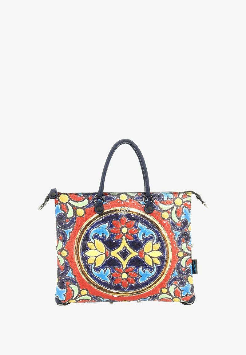 Borsa stampata con motivi floreali multicolori su sfondo rosso, dotata di manici neri e chiusura con zip. Finitura testurizzata.