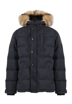 Schwarze Steppjacke mit Kapuze, die mit Fell besetzt ist, ausgestattet mit einem Reißverschluss, Druckknöpfen, Fronttaschen und einer rechteckigen Brusttasche.