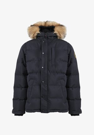 Schwarze Steppjacke mit Kapuze, die mit Fell besetzt ist, ausgestattet mit einem Reißverschluss, Druckknöpfen, Fronttaschen und einer rechteckigen Brusttasche.