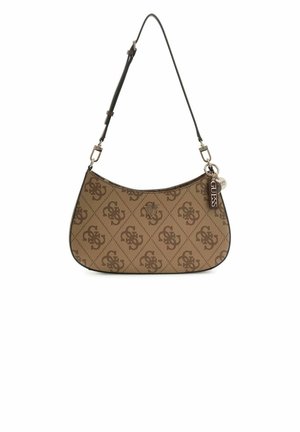 Borsa a tracolla marrone con motivo a fantasia, forma curva, rifiniture in ecopelle, tracolla regolabile e un charm decorativo con il nome del marchio.