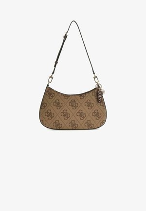 Borsa a tracolla marrone con motivo a fantasia, forma curva, rifiniture in ecopelle, tracolla regolabile e un charm decorativo con il nome del marchio.