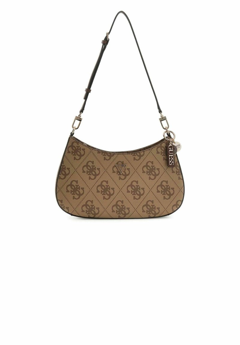 Borsa a tracolla marrone con motivo a fantasia, forma curva, rifiniture in ecopelle, tracolla regolabile e un charm decorativo con il nome del marchio.