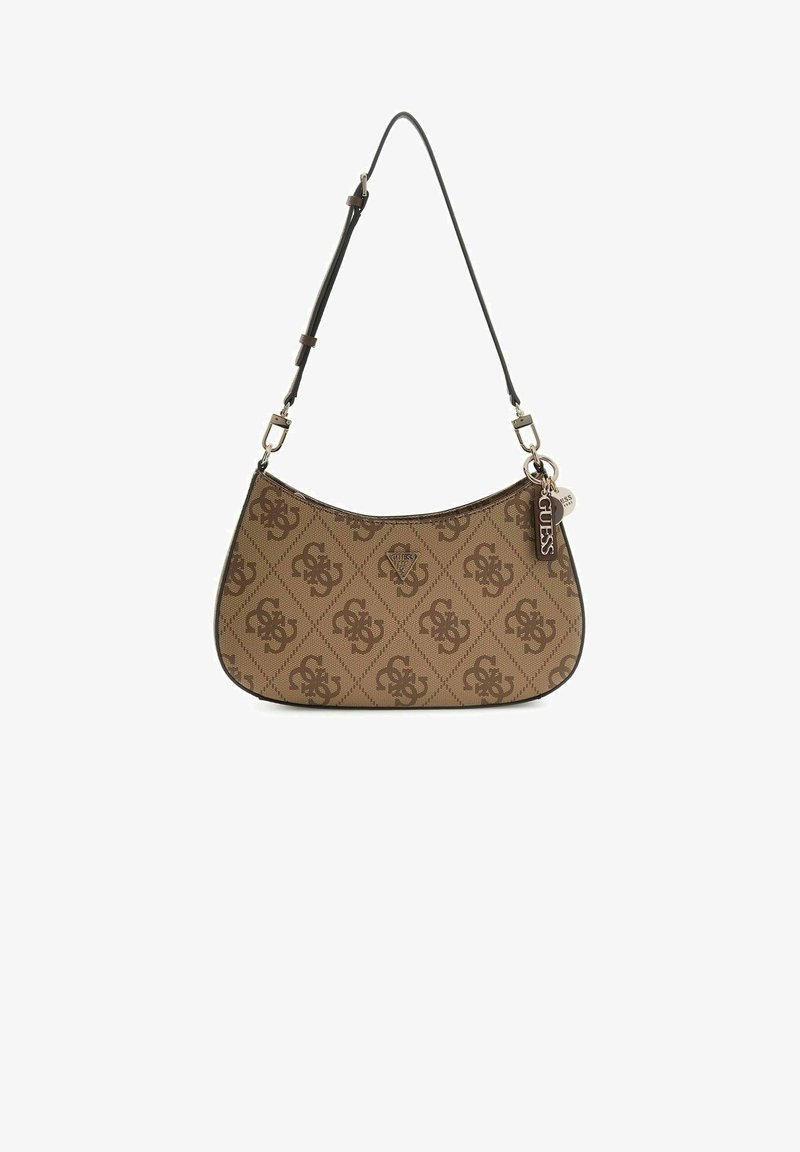 Borsa a tracolla marrone con motivo a fantasia, forma curva, rifiniture in ecopelle, tracolla regolabile e un charm decorativo con il nome del marchio.