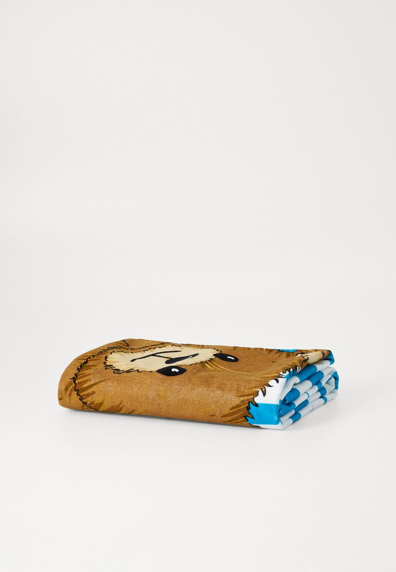 Brown blanket with a lion's face design and light blue accents; textured surface; folded neatly for compact storage.