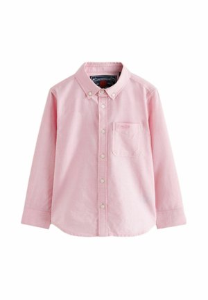 Camisa de manga larga rosa claro con cuello abotonado, bolsillo frontal y logotipo bordado. Fabricada con tela suave y de textura lisa.