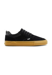 Black suede sneakers with mesh and leather accents, featuring a rounded toe, black laces, and a gum rubber sole.