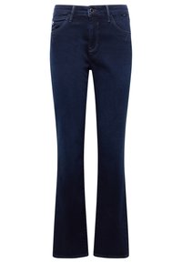 Jeans acampanados en azul marino con una textura suave, cinco bolsillos y detalles de costura sutiles. Elaborados en tejido de mezclilla, con cierre de botón en la cintura.