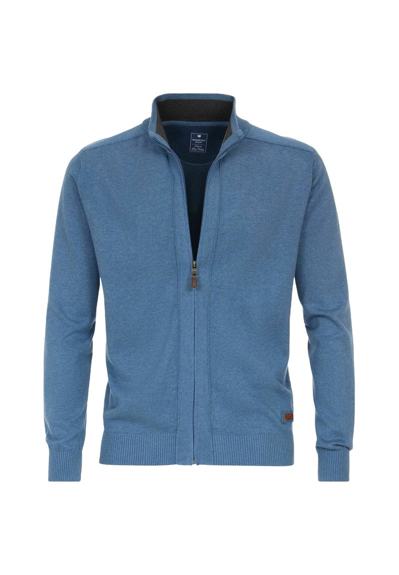 Blauer Reißverschluss-Pullover aus weichem Stoff. Verfügt über einen Stehkragen, gerippte Bündchen und Saum. Beinhaltet ein Lederlogo-Detail nahe dem Saum.