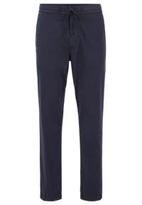 Navy blue trousers with an elastic waistband and drawstring, featuring a smooth texture and tapered leg design.