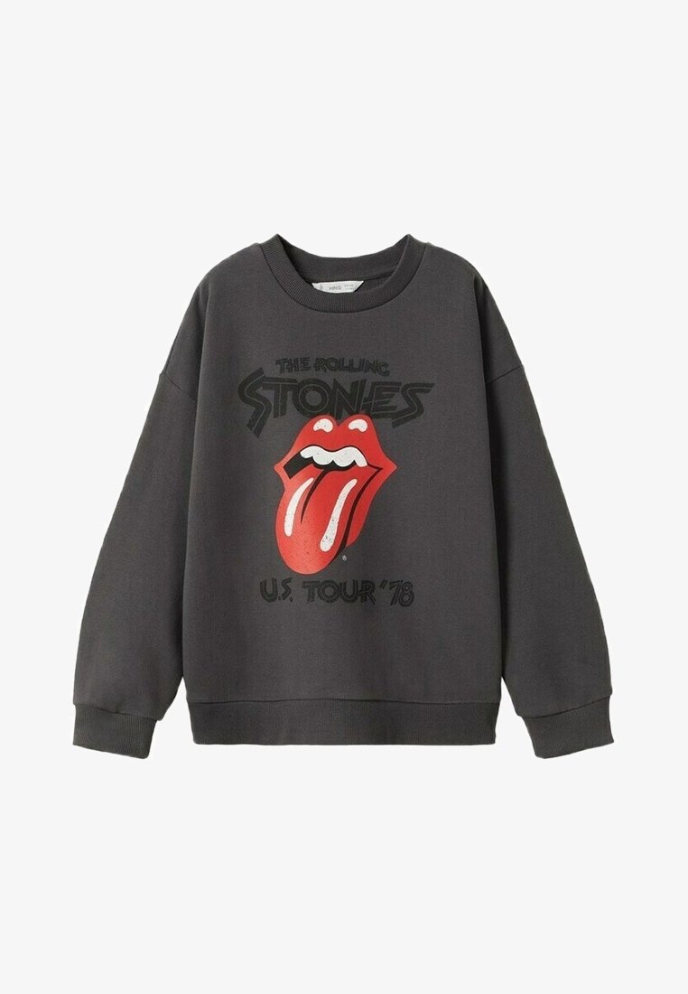 Sweat-shirt gris foncé avec le texte noir « The Rolling Stones », logo rouge de langue et lèvres, et « U.S. Tour '78 » imprimé sur le devant.