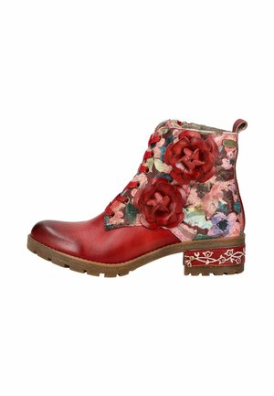 Red leather ankle boot with floral fabric, two large red leather flower appliques, lace-up front, and decorative heel details.