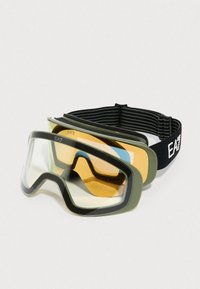 Gogle narciarskie z dwiema wymiennymi soczewkami, jedną przezroczystą i jedną bursztynową, czarno-oliwkowa oprawka oraz regulowany czarny pasek z logo EA7.