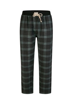 Pantalons lounge à carreaux en gris foncé et turquoise, fabriqués en matériau doux, avec une taille élastique et un cordon de serrage pour un ajustement réglable.