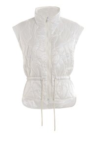 Gilet bianco trapuntato senza maniche con colletto alto, chiusura lampo anteriore, vita elastica e dettaglio con coulisse. Tessuto liscio e lucido.