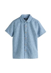 Hellblaues kurzärmeliges Hemd aus weichem Stoff, mit klassischem Kragen und hölzernen Knöpfen vorne.