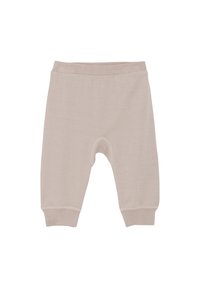 Lichtbeige katoenen babybroekjes met een zachte textuur, een elastische tailleband en taps toelopende boorden. Heeft een eenvoudig, ongecompliceerd ontwerp.