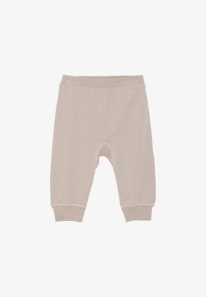Helle beige Baumwollbabyhose mit einer weichen Textur, elastischem Bund und zulaufenden Beinabschlüssen. Besitzt ein einfaches, ungeschmücktes Design.