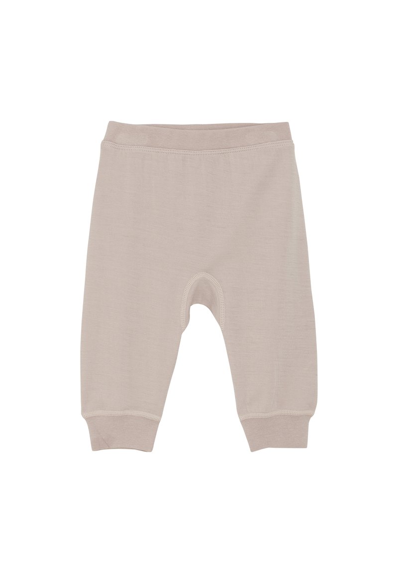 Lichtbeige katoenen babybroekjes met een zachte textuur, een elastische tailleband en taps toelopende boorden. Heeft een eenvoudig, ongecompliceerd ontwerp.