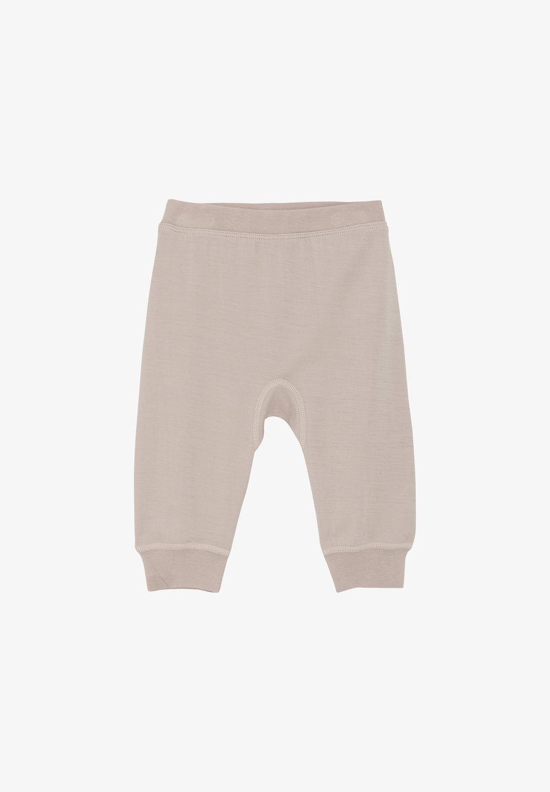 Lichtbeige katoenen babybroekjes met een zachte textuur, een elastische tailleband en taps toelopende boorden. Heeft een eenvoudig, ongecompliceerd ontwerp.