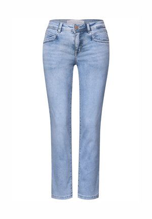 Helle blaue Denim-Jeans mit geradem Bein, fünf Taschen, dezentem Stitching und einem Knopfverschluss vorne. Glatte Textur.