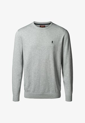 Hellgrauer Pullover mit klassischem Rundhalsausschnitt, gerippten Bündchen und Saum, featuring ein kleines, dunkles Logo auf der linken Brust.