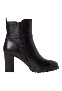 Bottine en cuir noir avec talon haut épais, fermeture éclair latérale et détail de sangle sur le côté extérieur, conçue pour femmes.
