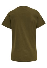 T-shirt uni vert olive à manches courtes vu de dos, sans motif, logo ou coutures apparentes sauf au col et aux ourlets.