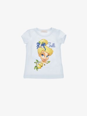 Biała koszulka dla malucha z kreskówkową blond dziewczynką noszącą niebieską kokardę, otoczoną białymi kwiatami i cytrynami, z napisem "Trilli".