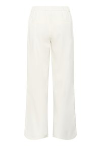 Bílé kalhoty s širokými nohavicemi a elastickým pasem. Hladká textura, bez viditelných vzorů, se dvěma zadními kapsami.