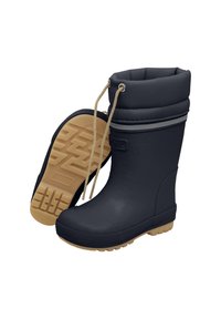 Bottes en caoutchouc navy avec une semelle texturée, un bord rembourré et une fermeture à cordon. Le matériau EVA offre flexibilité et protection imperméable.