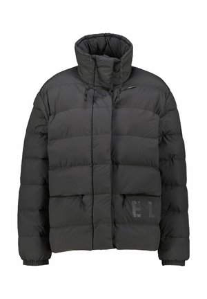 Schwarze Steppjacke mit hohem Kragen, ausgestattet mit Steppnähten, Kordelzugverschluss und seitlichen Reißverschluss-Taschen; Logo-Akzente auf der Vorderseite.