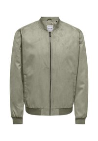 Bomberjacke in Olivgrün mit Frontreißverschluss, gerippten Bündchen und Bund. Hergestellt aus glattem Stoff mit matter Oberfläche und ohne sichtbare Logos.
