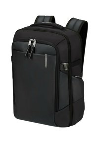 Mochila negra de Samsonite con correas de hombro acolchadas, bolsillo frontal con cremallera, compartimentos laterales y un asa resistente en la parte superior.