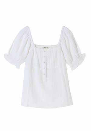 Hvid kort bluse med pufærmer, firkantet udskæring, knapper foran, lodrette folder og blondekant.