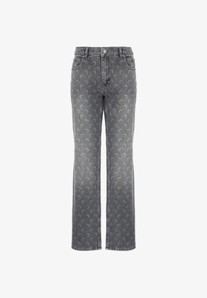 Jeans in jeans grigi alti in vita con taglio dritto e un sottile motivo a mezzaluna su tutta la stoffa.
