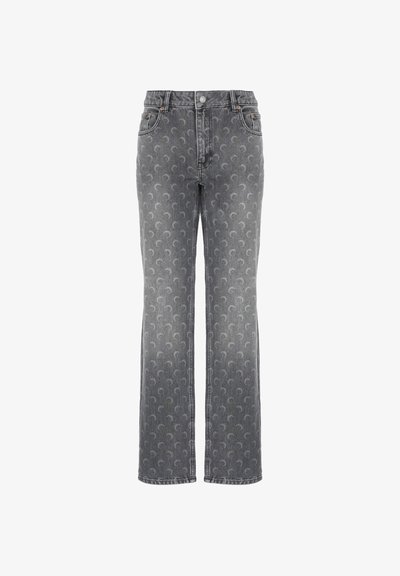 Jeans in jeans grigi alti in vita con taglio dritto e un sottile motivo a mezzaluna su tutta la stoffa.