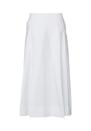 Weißer Midirock mit A-Linien-Silhouette und dezenten Nahtdetails, aus glattem Stoff, auf schlichtem Hintergrund dargestellt.