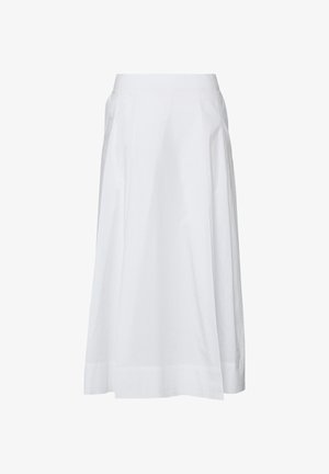 Jupe midi blanche avec une silhouette en A et des détails discrets de coutures, réalisée en tissu lisse, présentée sur un fond uni.