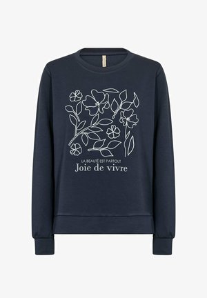 Marineblauwe sweatshirt met lange mouwen, ronde hals, voorzien van wit lijntekening van bloemen en de tekst "Joie de vivre" in het midden.