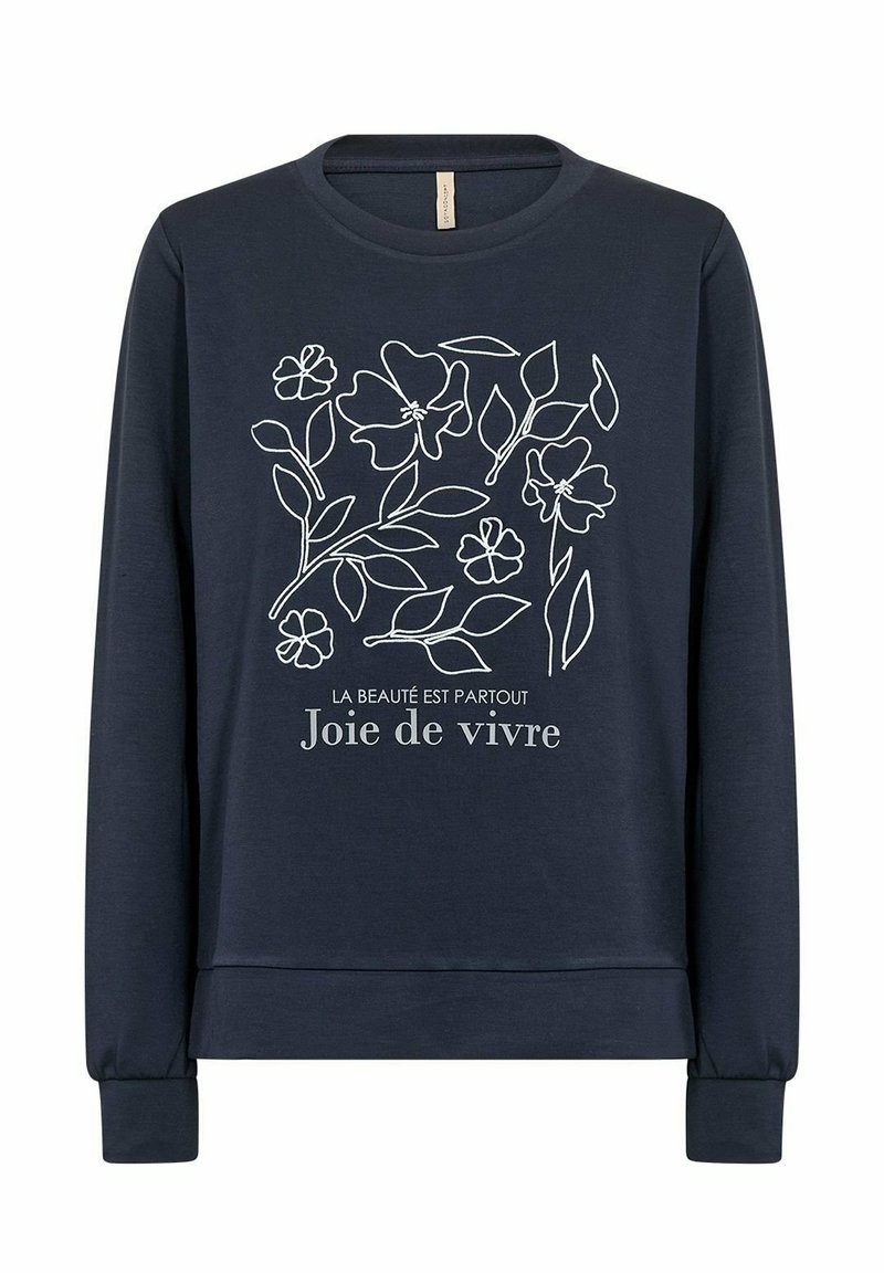 Marineblauwe sweatshirt met lange mouwen, ronde hals, voorzien van wit lijntekening van bloemen en de tekst "Joie de vivre" in het midden.