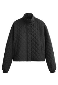 Giacca nera trapuntata con colletto alto, design corto e polsini elastici. Presenta un motivo a rombi e una texture liscia in tutto il capo.