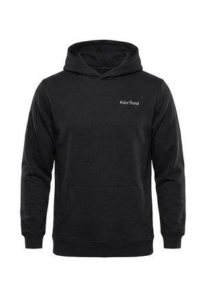 Sweat à capuche noir avec poche avant et texte blanc "#dorfkind" sur la poitrine gauche, design uni, manches longues, poignets et ourlet côtelés.
