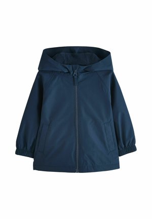 Navy blue children's hooded jacket with front zipper, two side pockets, and elastic cuffs, shown on a white background.