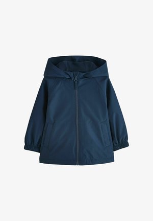 Veste à capuche pour enfants de couleur bleu marine avec fermeture éclair frontale, deux poches latérales et poignets élastiques, présentée sur fond blanc.