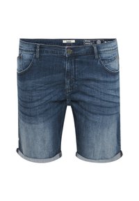 Denim shorts i mørkeblå med en fadedeffekt. Har rullekanter, fem lommer og metalknaplukning.